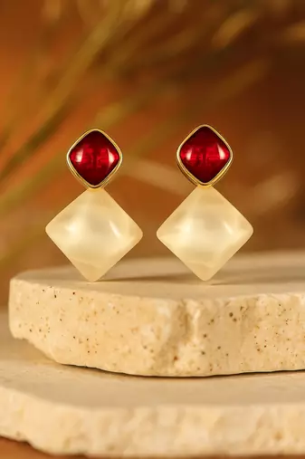 Jewelz gold-tone red & pearl geometric drop earrings