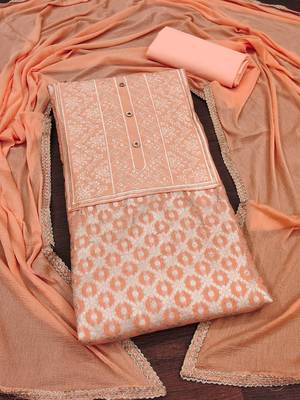 Peach woven jacquard unstitched churidar dress-materials 3