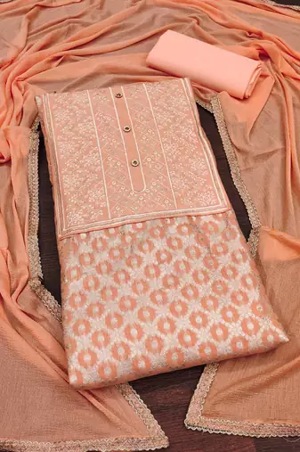 Peach woven jacquard unstitched churidar dress-materials