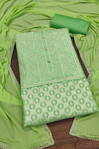 Green woven jacquard unstitched churidar dress-materials