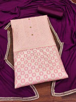 Baby-pink woven jacquard unstitched churidar dress-materials 3