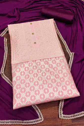 Baby-pink woven jacquard unstitched churidar dress-materials