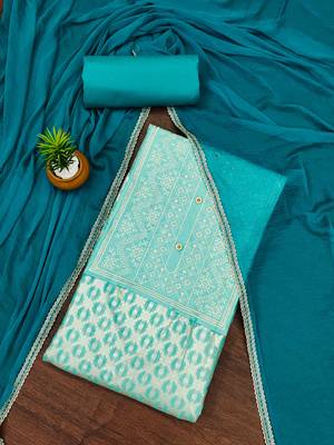 Sea-green woven jacquard unstitched churidar dress-materials 1