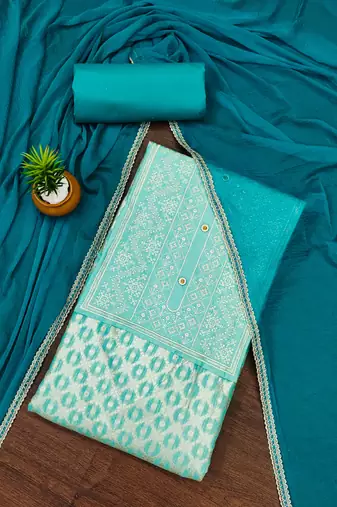 Sea-green woven jacquard unstitched churidar dress-materials