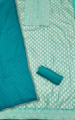 Sea-green woven jacquard unstitched churidar dress-materials 2