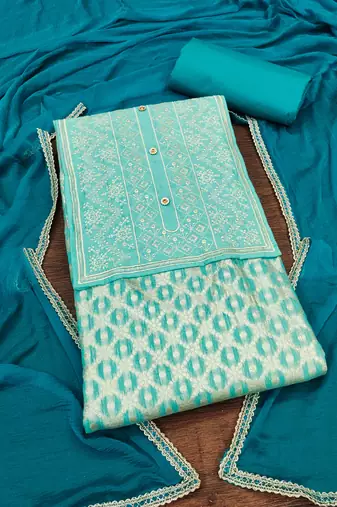 Sea-green woven jacquard unstitched churidar dress-materials