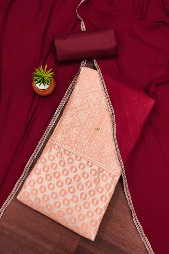 Peach woven jacquard unstitched churidar dress-materials