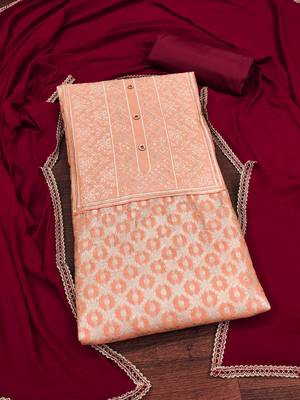 Peach woven jacquard unstitched churidar dress-materials 3