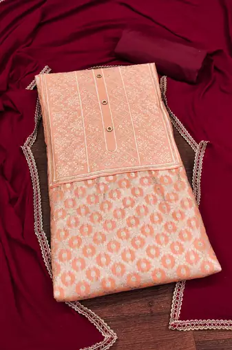 Peach woven jacquard unstitched churidar dress-materials