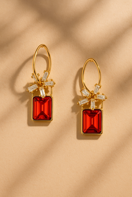 Jewelz gold-plated red stone earrings with crystal floral accents 1