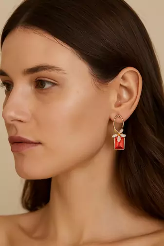 Jewelz gold-plated red stone earrings with crystal floral accents
