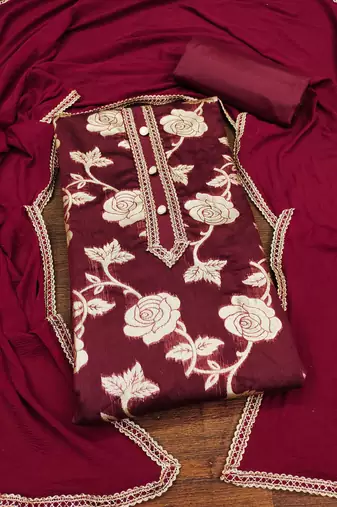 Maroon woven jacquard unstitched churidar dress-materials
