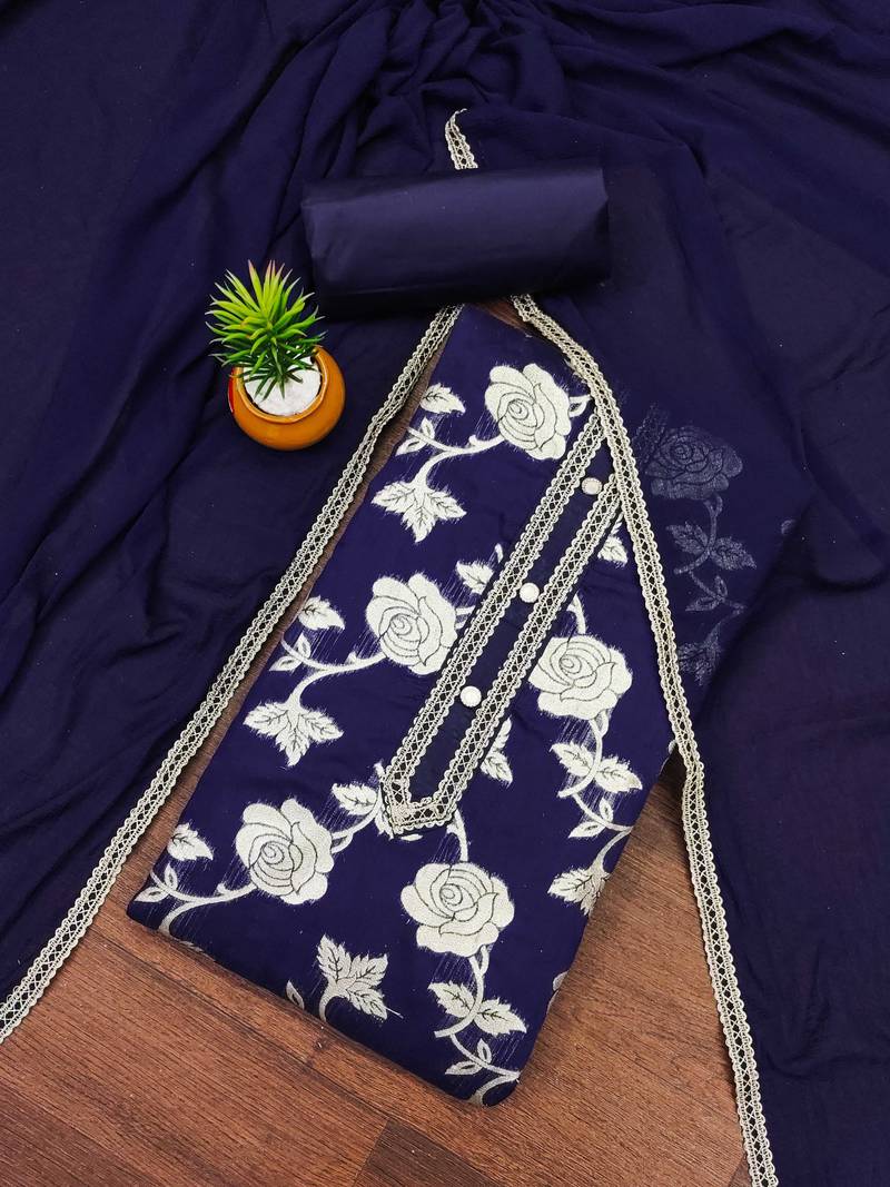 Navy-blue woven jacquard unstitched churidar dress-materials