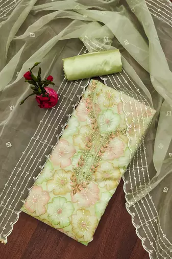 Green sequins organza semi stitched churidar dress-materials