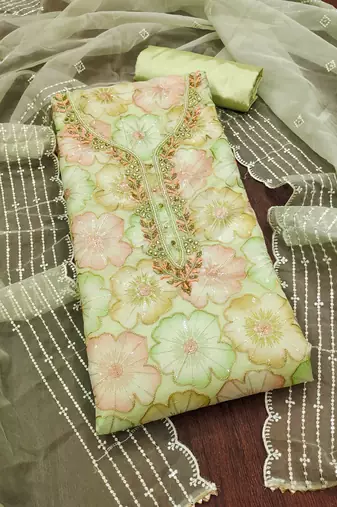Green sequins organza churidar dress-materials