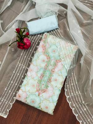 Sky-blue sequins organza churidar dress-materials 1