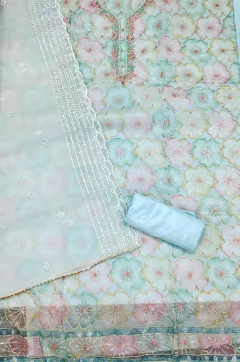 Sky-blue sequins organza churidar dress-materials