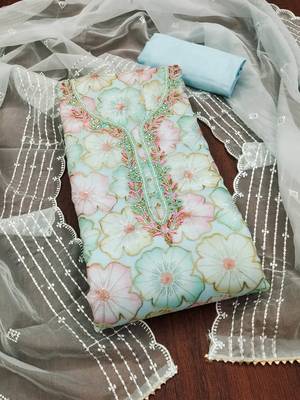 Sky-blue sequins organza churidar dress-materials 3