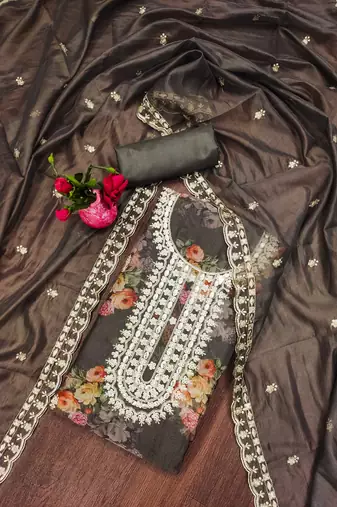 Grey hand embroidery organza semi stitched churidar dress-materials