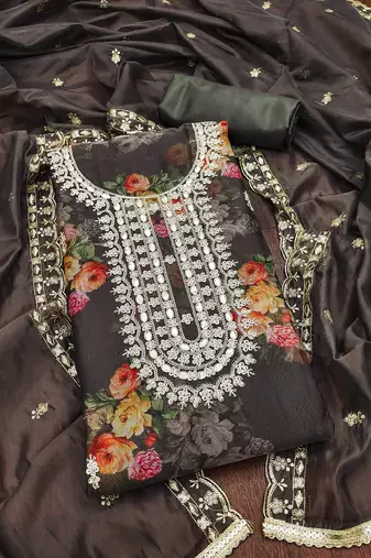 Grey hand embroidery organza churidar dress-materials
