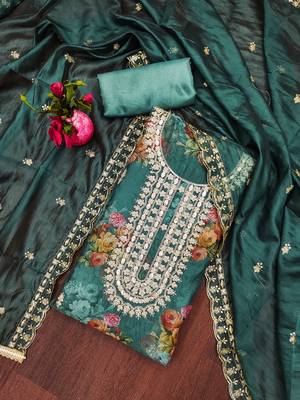 Sea-green hand embroidery organza churidar dress-materials 1