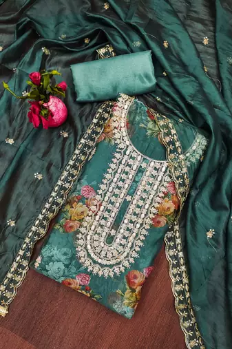 Sea-green hand embroidery organza semi stitched churidar dress-materials