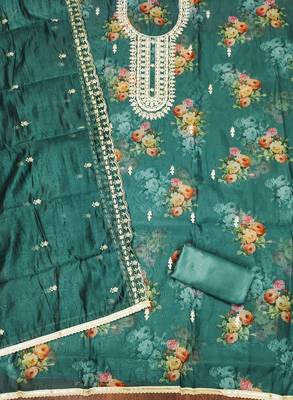 Sea-green hand embroidery organza churidar dress-materials 2