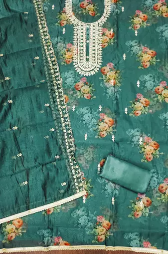 Sea-green hand embroidery organza churidar dress-materials
