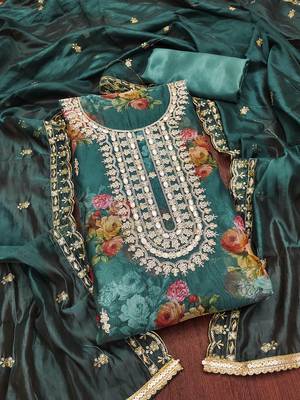 Sea-green hand embroidery organza churidar dress-materials 3
