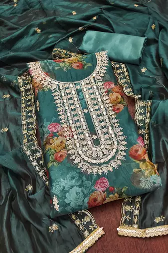 Sea-green hand embroidery organza churidar dress-materials