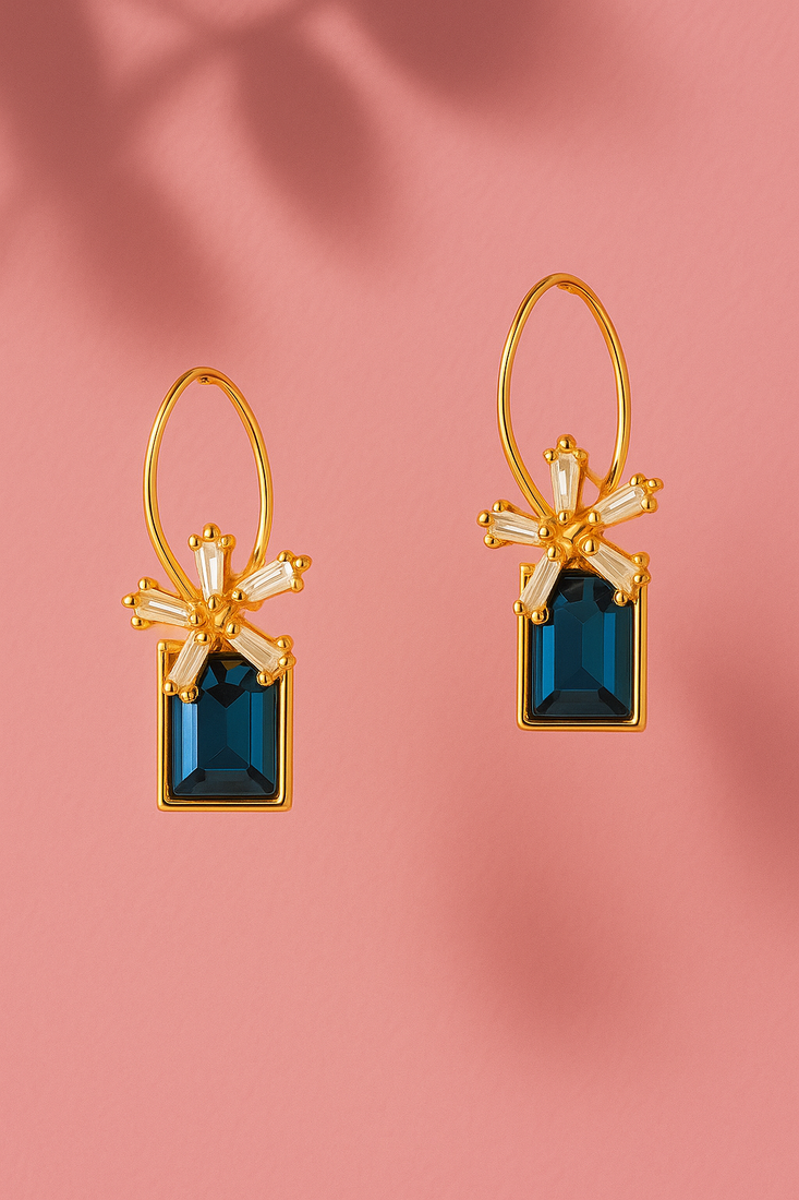 Jewelz gold-plated blue stone earrings with crystal floral accent