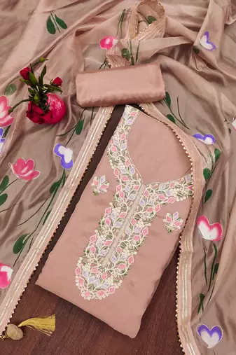 Pink embroidered organza semi stitched churidar dress-materials