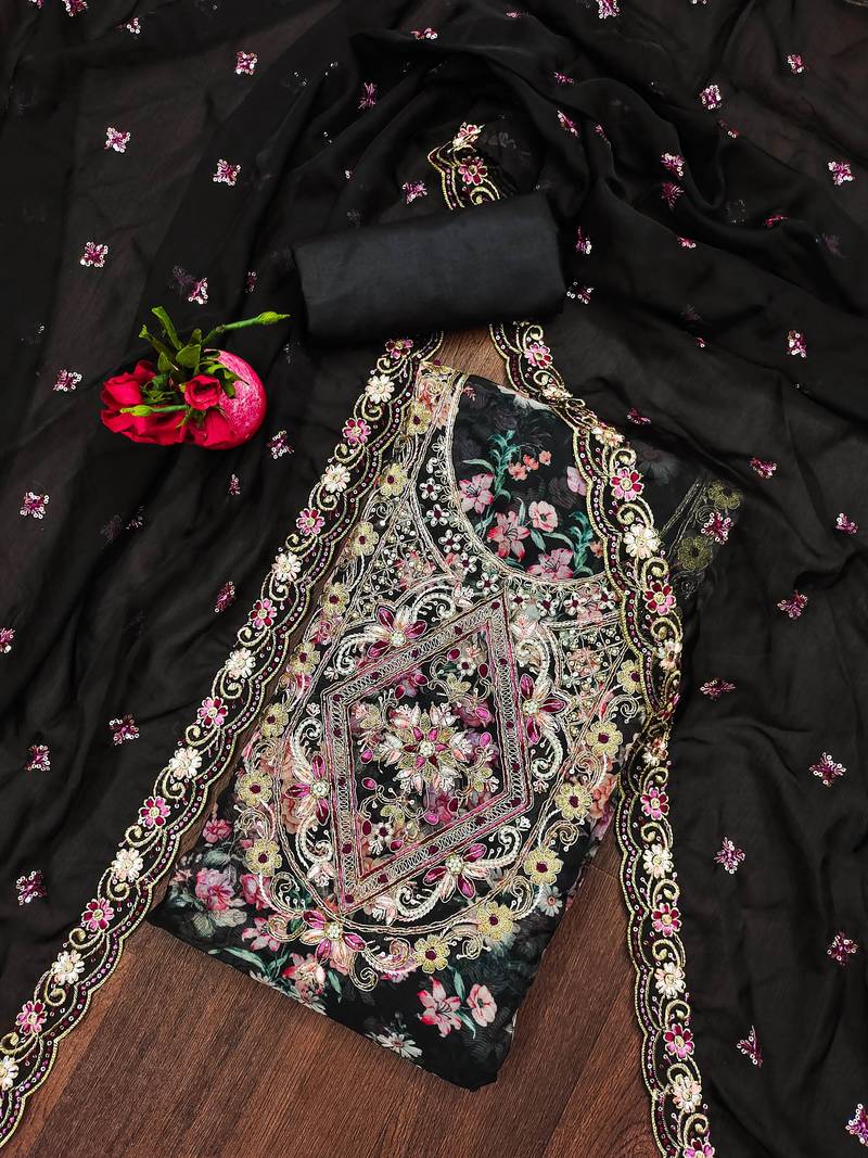Black hand embroidery organza semi stitched churidar dress-materials