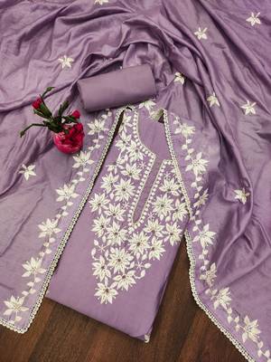 Lavender thread embroidery silk blend churidar dress-materials 1