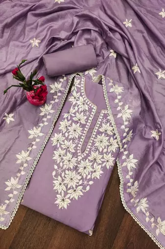 Lavender thread embroidery silk blend semi stitched churidar dress-materials
