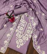 Lavender thread embroidery silk blend semi stitched churidar dress-materials