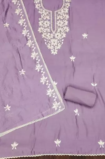 Lavender thread embroidery silk blend churidar dress-materials