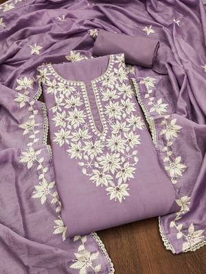 Lavender thread embroidery silk blend churidar dress-materials 3