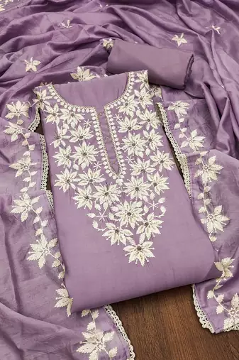 Lavender thread embroidery silk blend churidar dress-materials