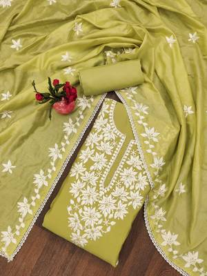 Lime thread embroidery silk blend churidar dress-materials 1