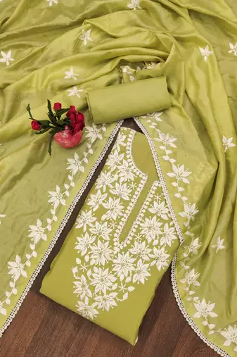 Lime thread embroidery silk blend semi stitched churidar dress-materials