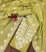 Lime thread embroidery silk blend semi stitched churidar dress-materials