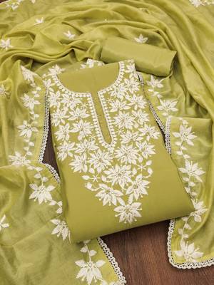 Lime thread embroidery silk blend churidar dress-materials 3