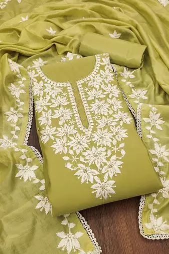 Lime thread embroidery silk blend churidar dress-materials