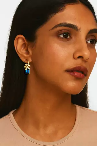 Jewelz gold-plated blue stone earrings with crystal floral accent