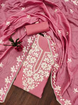 Pink thread embroidery silk blend churidar dress-materials 1