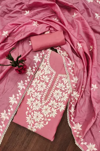 Pink thread embroidery silk blend semi stitched churidar dress-materials