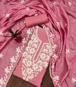 Pink thread embroidery silk blend semi stitched churidar dress-materials