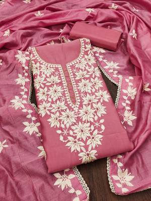 Pink thread embroidery silk blend churidar dress-materials 3
