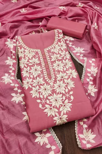 Pink thread embroidery silk blend churidar dress-materials
